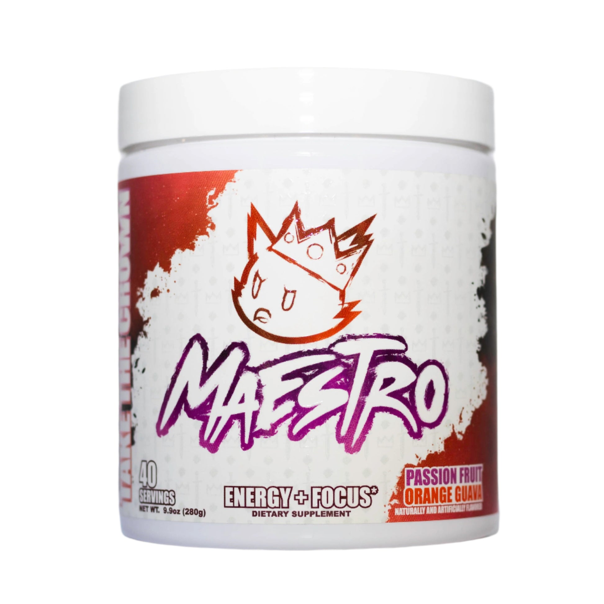 Dietary supplement container labeled 'Maestro' on a white background - flavor passion fruit orange guava