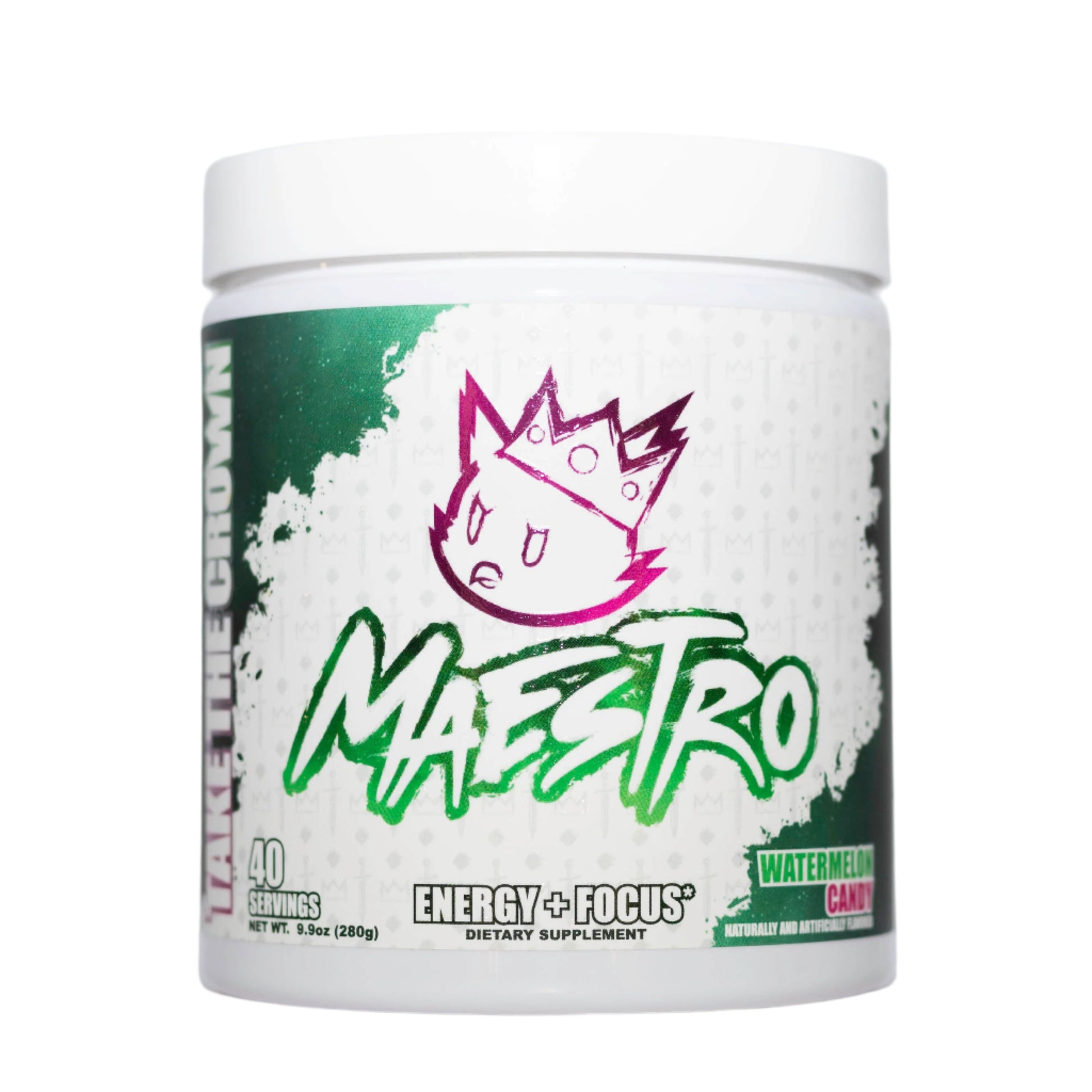 White supplement container with green and purple 'Maestro' branding on a white background - flavor watermelon candy