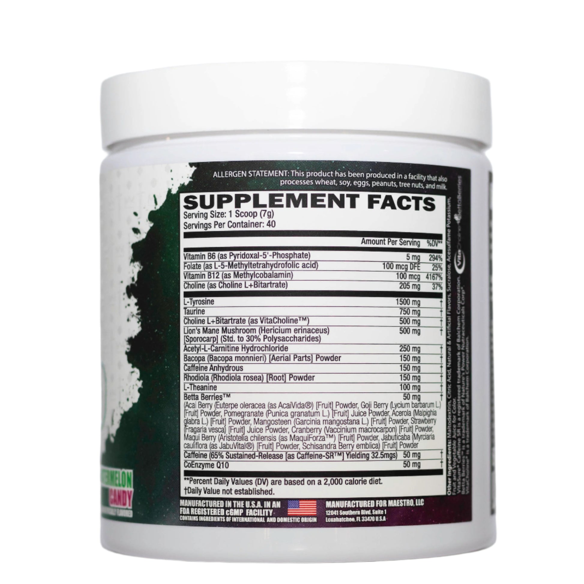 Supplement container with a detailed supplement facts label on a white background - watermelon candy
