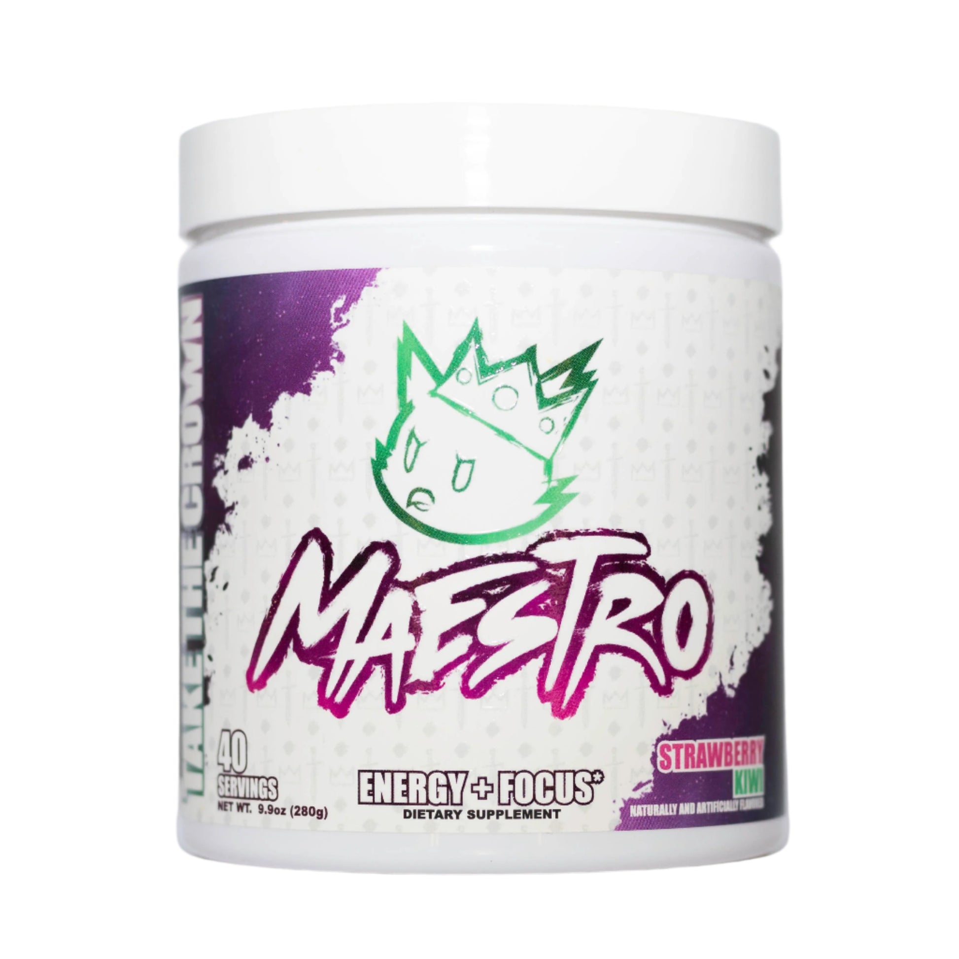 Dietary supplement container labeled 'Maestro' on a white background - flavor strawberry kiwi