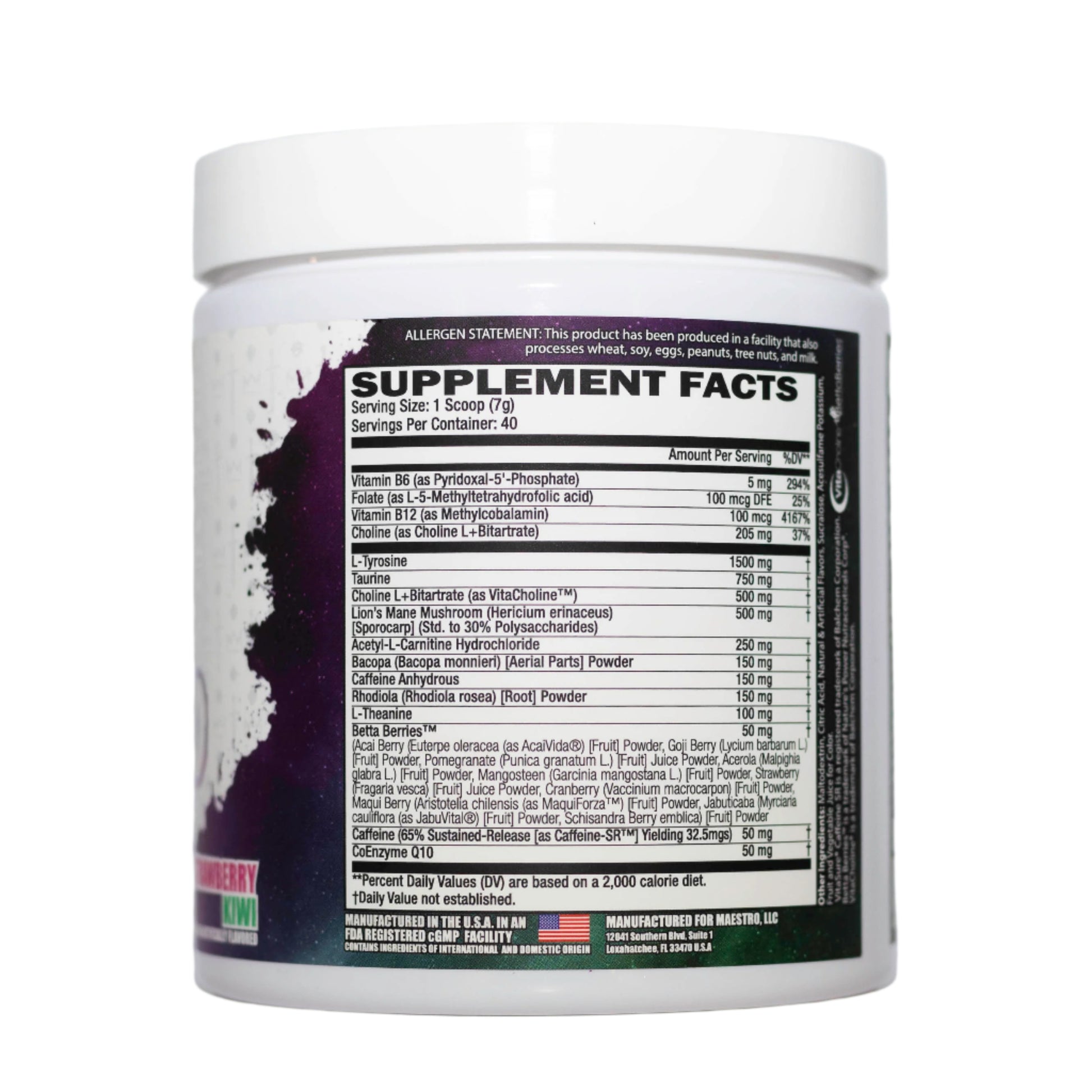 Supplement container with a detailed supplement facts label on a white background - strawberry kiwi