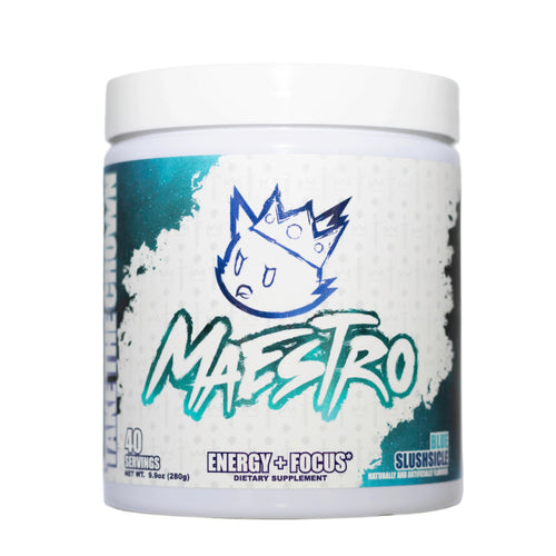 White container with 'Maestro' energy and focus supplement label on a white background - flavor blue slushsicle